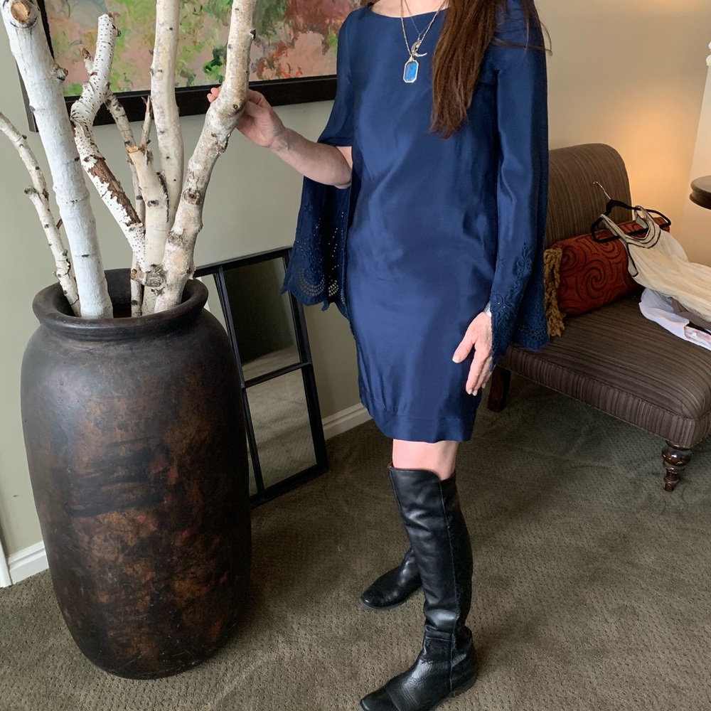 SUNDANCE silk shift dress with embroidered sleeves